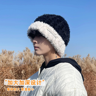 2025新款毛绒帽子男士秋冬季保暖百搭包头冷帽拼色针织帽潮大头围