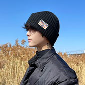 男士 针织帽秋冬季 加厚保暖护耳毛线帽男大头围黑色冷帽子男潮百搭