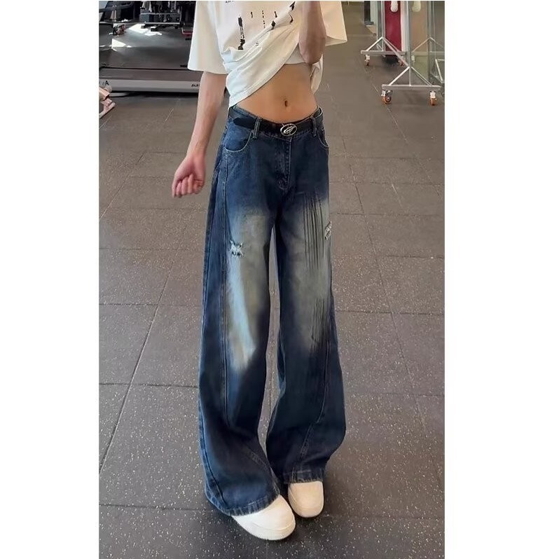 美式复古工装牛仔裤男女夏季潮牌微喇裤子宽松bf慵懒风阔腿弯刀裤