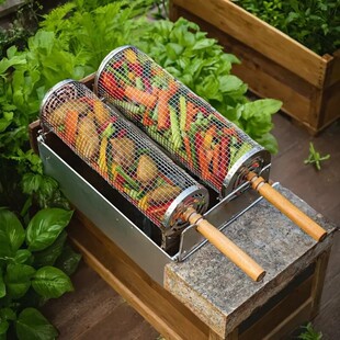 滚动烧烤笼新款可旋转不锈钢烧烤筒烤蔬菜烧烤工具户外BBQ烧烤篮
