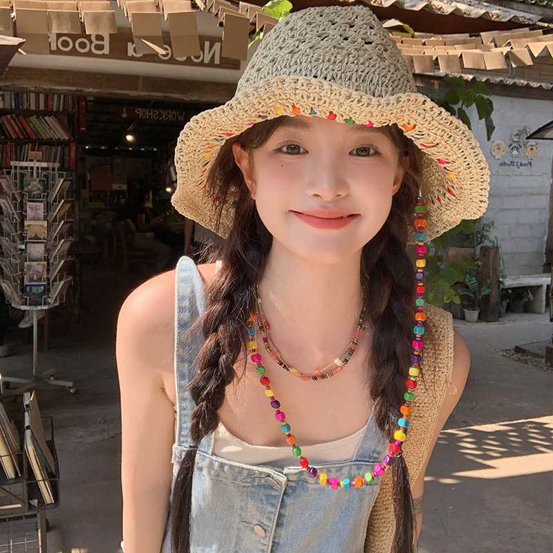韩系INS风彩色串珠草编渔夫帽可