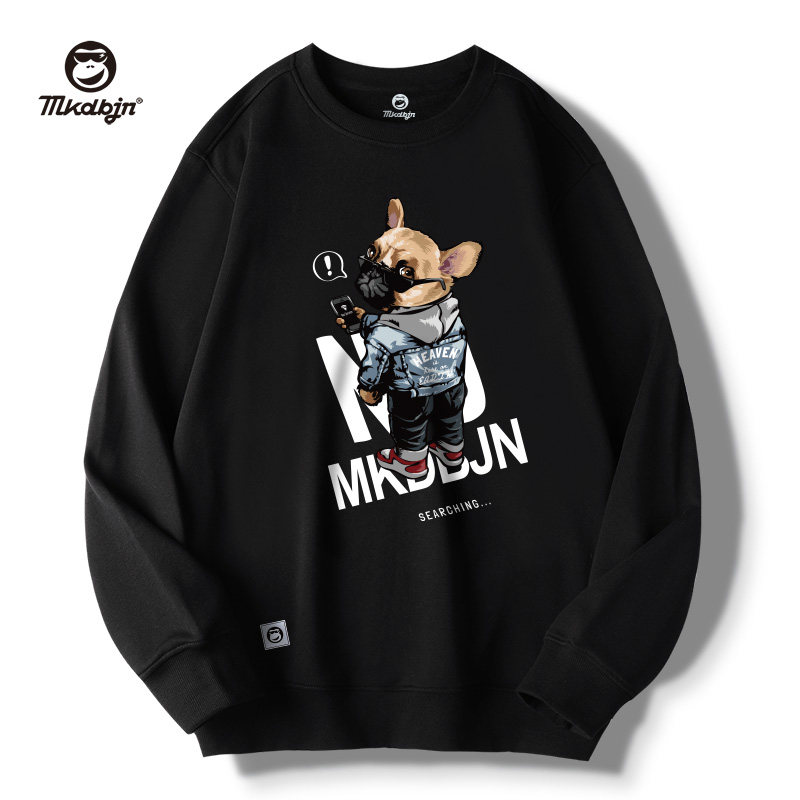 法国斗牛犬图案印花潮牌大码卫衣男加绒加厚外套春秋款长袖秋冬季