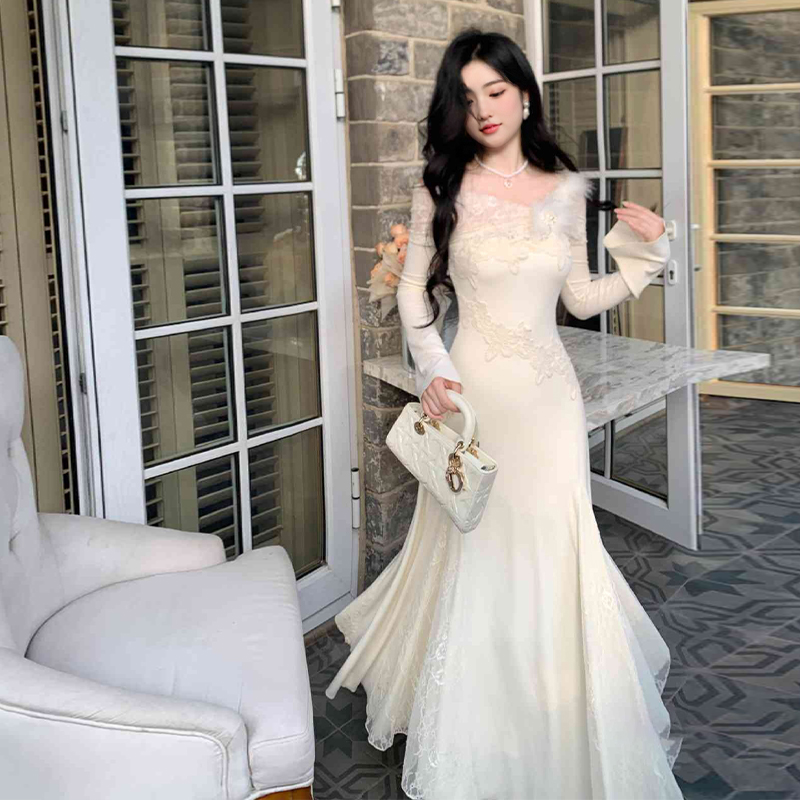 富家千金贵气名媛高级感穿搭蕾丝拼接鱼尾连衣裙气质收腰长裙春冬