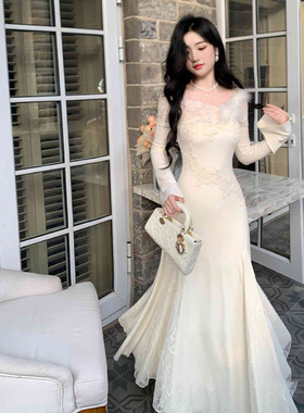 富家千金贵气名媛高级感穿搭蕾丝拼接鱼尾连衣裙气质收腰长裙春冬