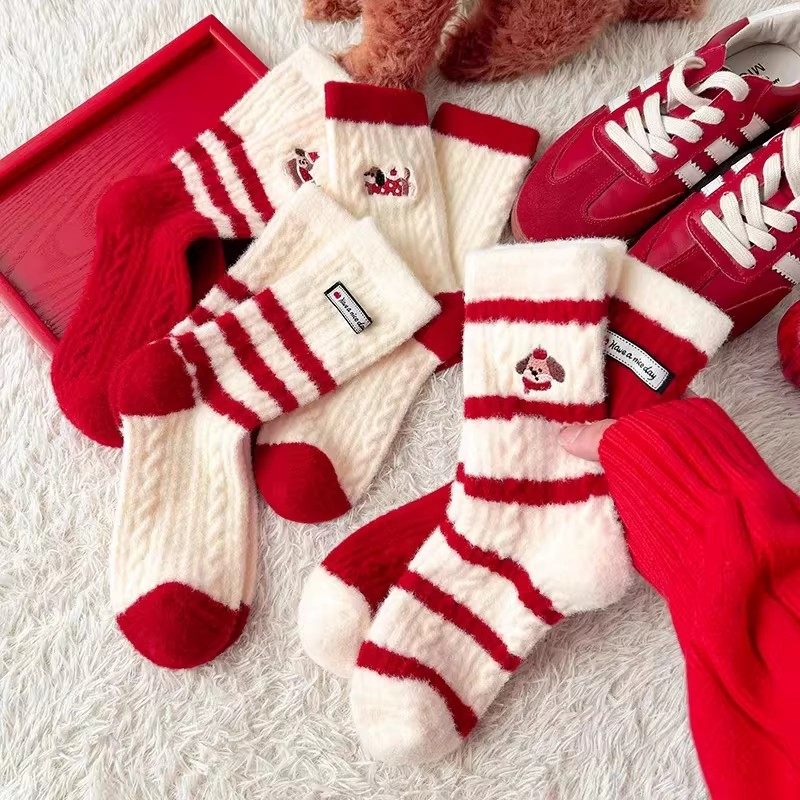 【小乐专享】本命年红白条纹袜子女中筒袜冬季加绒毛绒可爱小狗袜,女士内衣/男士内衣/家居服,短袜,淘宝优惠券,粉丝福利购,淘宝优惠卷