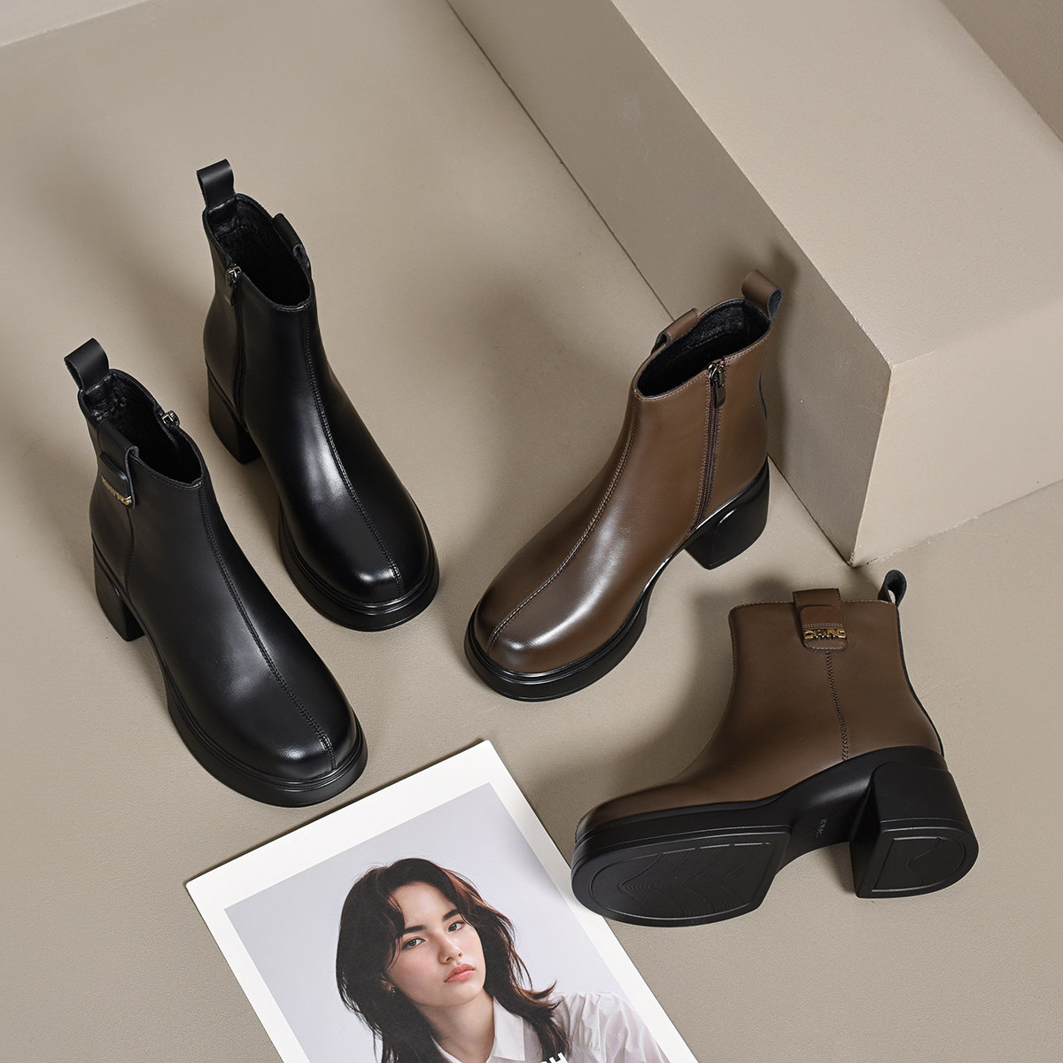 xizi/昔子1213短靴女粗跟增高秋冬靴子百搭防滑时尚防水拉链厚底