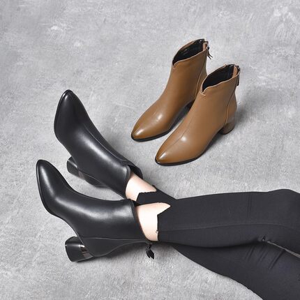 1022年新款秋冬季尖头高跟短靴女粗跟真皮女鞋春秋皮鞋中跟马丁靴