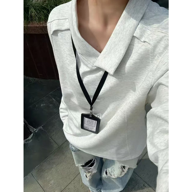 白灰色不规则翻领polo衫男秋季cleanfit重磅卫衣美式复古长袖t恤