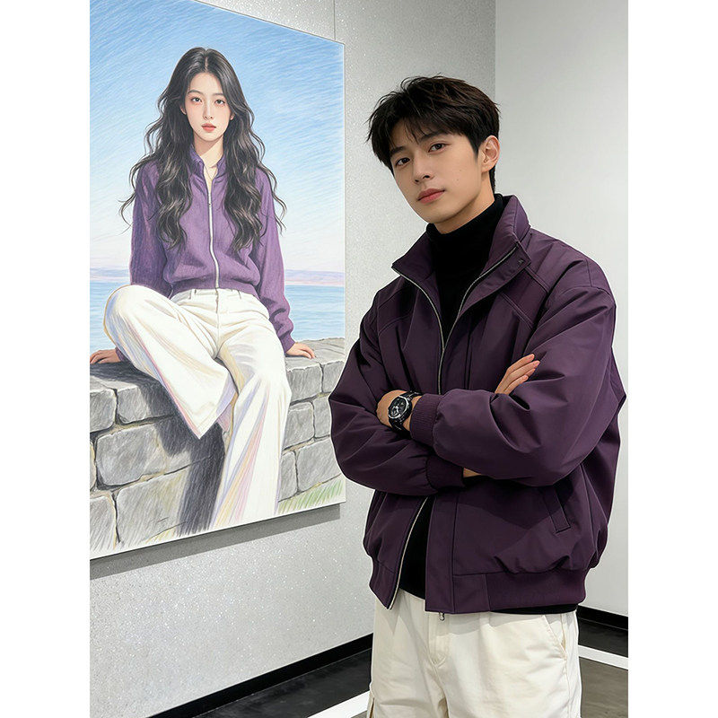 紫色美式立领夹克棉服男冬季短款boxy高级感痞帅cleanfit飞行外套