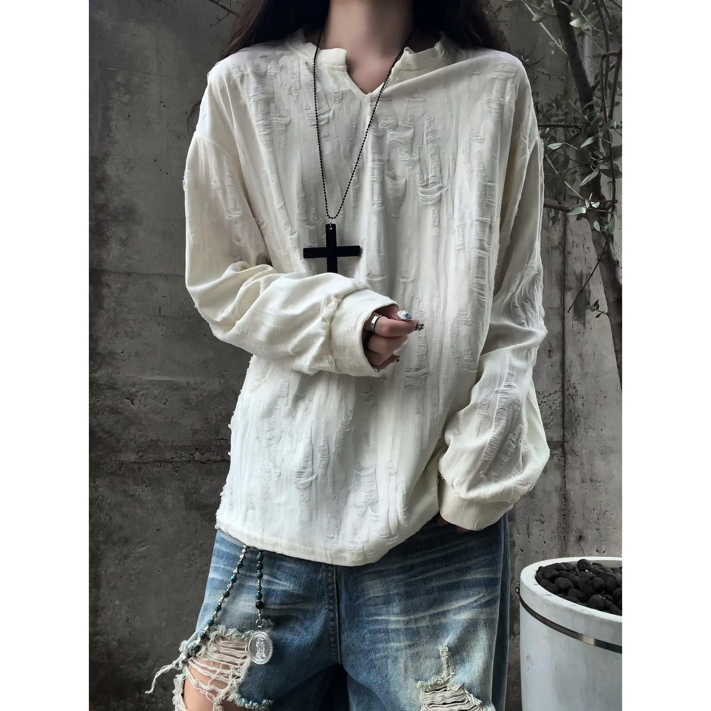 宽松薄款破洞亚文化V领长袖T恤男早秋款潮潮牌中性慵懒风打底罩衫