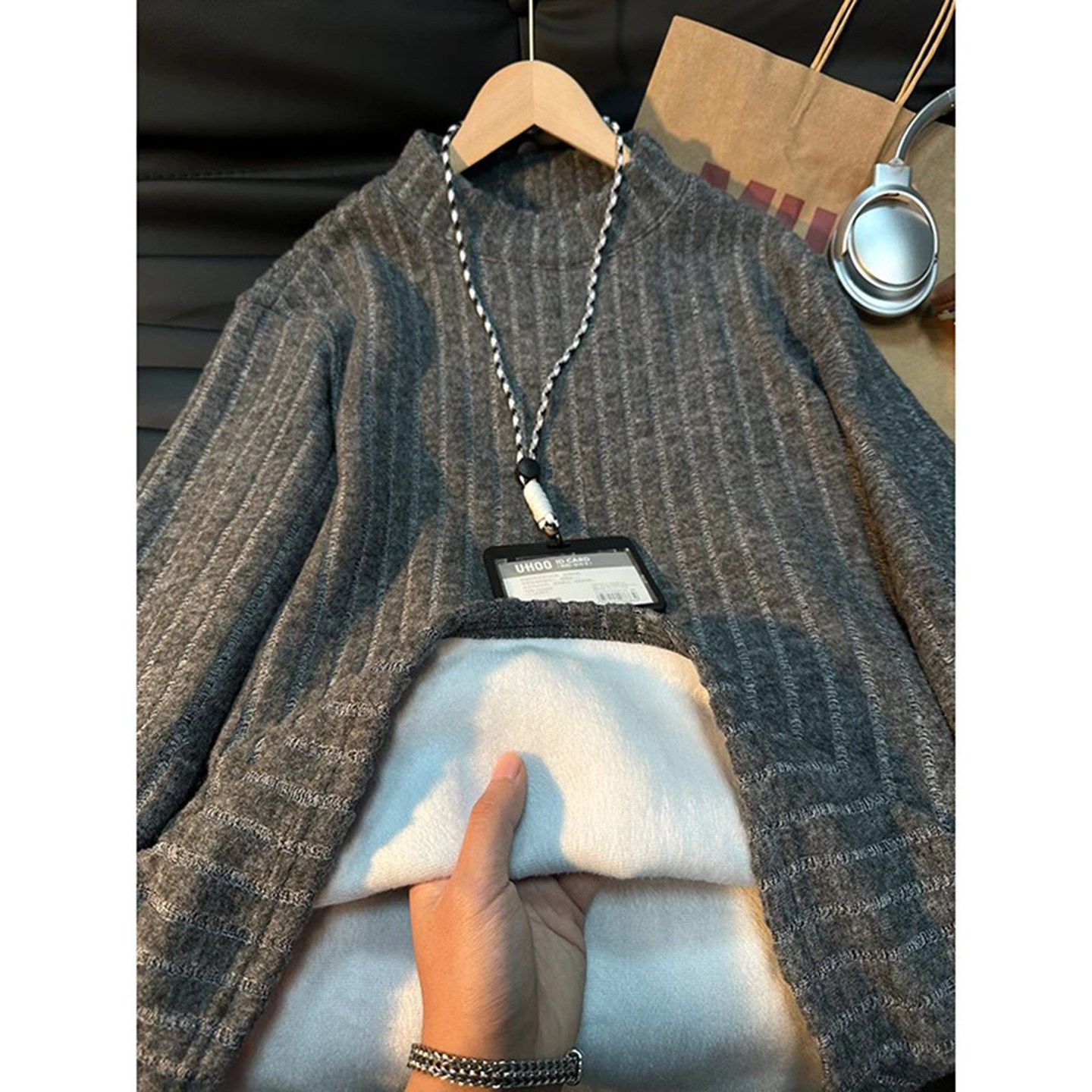 深灰色半高领条纹卫衣男款冬季保暖内搭打底衫cleanfit慵懒风外套,男装,T恤,淘宝优惠券,粉丝福利购,淘宝优惠卷