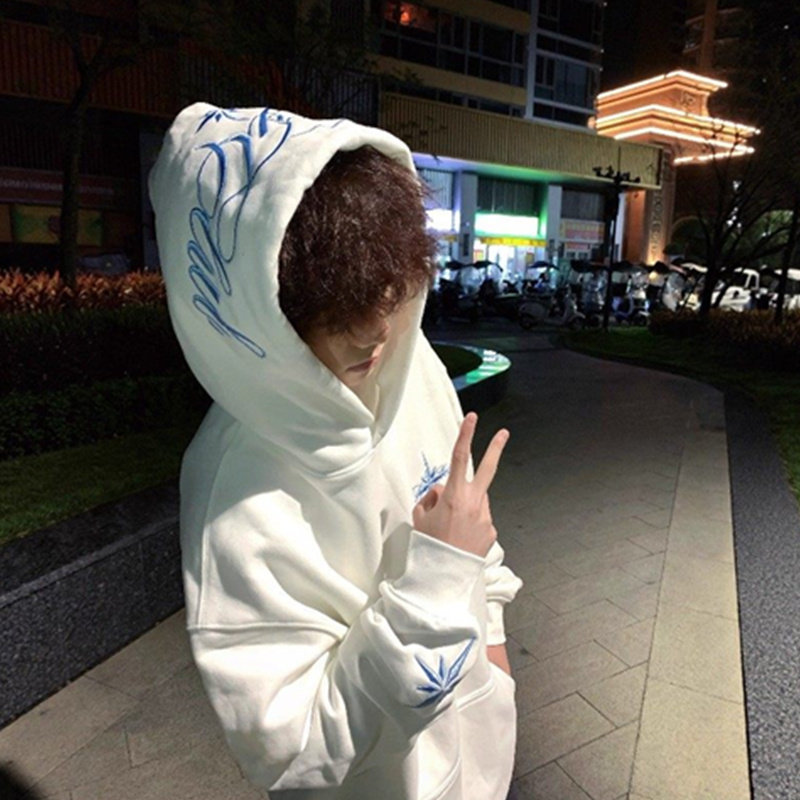 美式复古潮牌北极星刺绣连帽卫衣男款秋冬宽松加绒加厚情侣外套潮