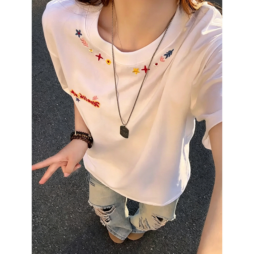美式复古风字母花卉刺绣短袖T恤男女款夏季小众百搭宽松圆领半袖