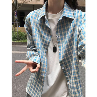 美式复古蓝格子衬衫男女早秋季款宽松慵懒风长袖衬衣正肩情侣外套