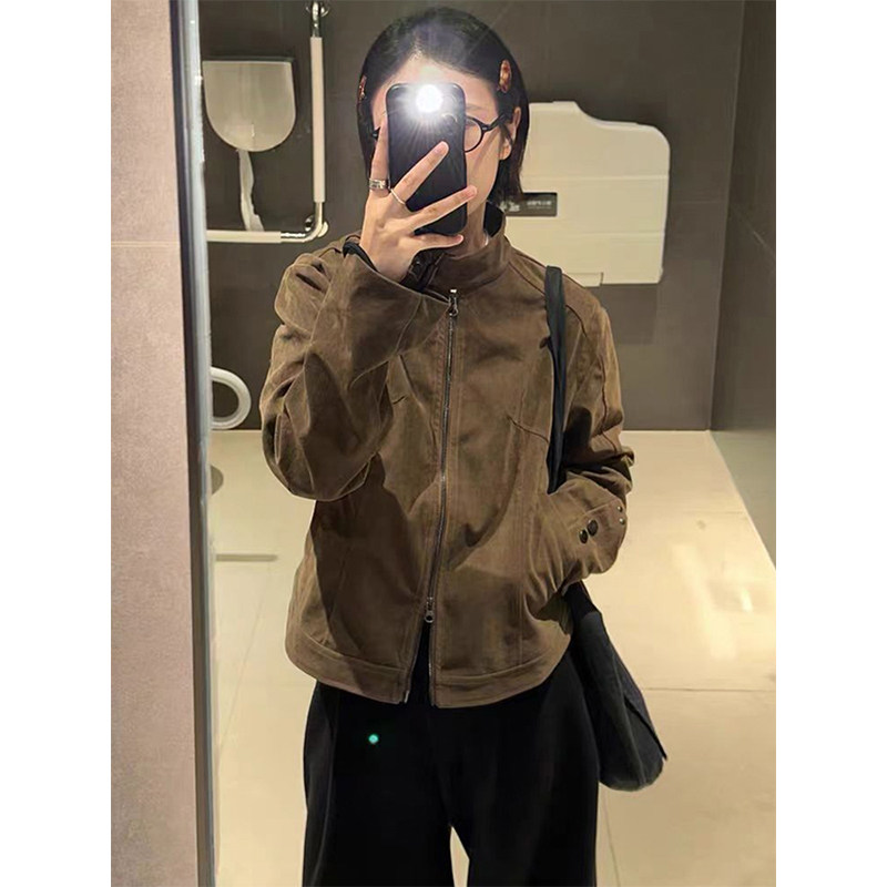 棕色美式翻毛绒工装短款外套男女秋季小众绒皮设计立领哈灵顿夹克