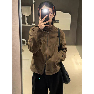 棕色美式翻毛绒工装短款外套男女秋季小众绒皮设计立领哈灵顿夹克