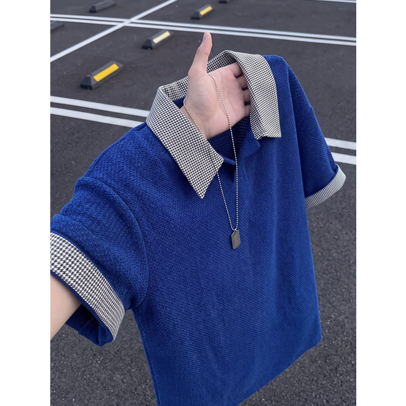 美式龙鳞纹短袖POLO衫男夏季老钱风千鸟格翻领正肩T恤高级感半袖