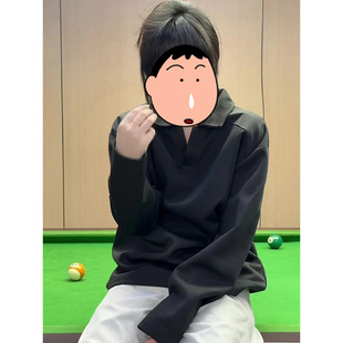 黑色拼接v领正肩polo衫男款秋季美式复古长袖t恤重磅情侣翻领卫衣