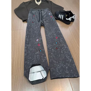 美式高街斜切弯刀卫裤男款冬季加绒高级感扎染刺绣裤子运动休闲裤