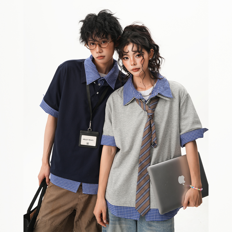 藏青色假两件短袖男款夏季潮牌衬衫拼接t恤重磅美式学院风polo衫