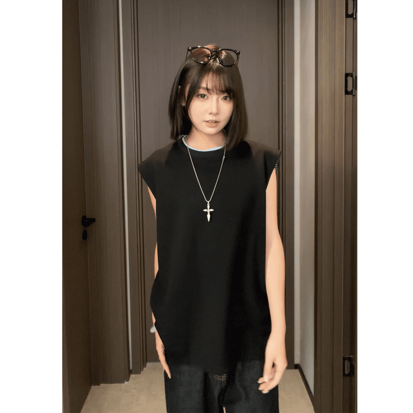 黑色拼接圆领无袖T恤男夏季美式假两件痞帅背心透气运动情侣坎肩