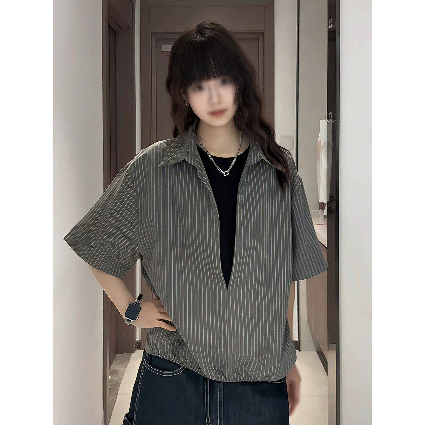 深灰色假两件短袖衬衫男女夏季美式翻领t恤情侣休闲半袖衬衣外套