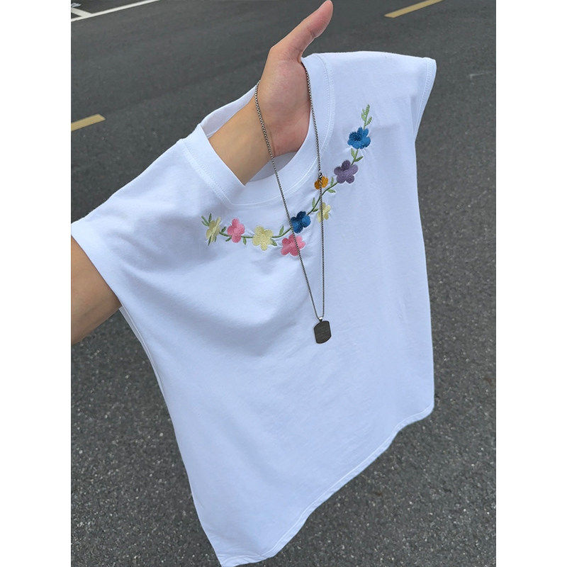 美式花卉刺绣背心男女新款夏季重磅小领口无袖t恤设计感运动汗衫