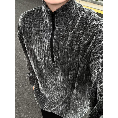 美式鱼骨纹半拉链立领加绒卫衣男款秋冬设计感长袖t恤内搭打底衫