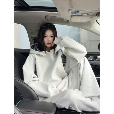 民族风拼接刺绣卫衣男生穿搭cleanfit初秋外套高级感白灰色连帽衫