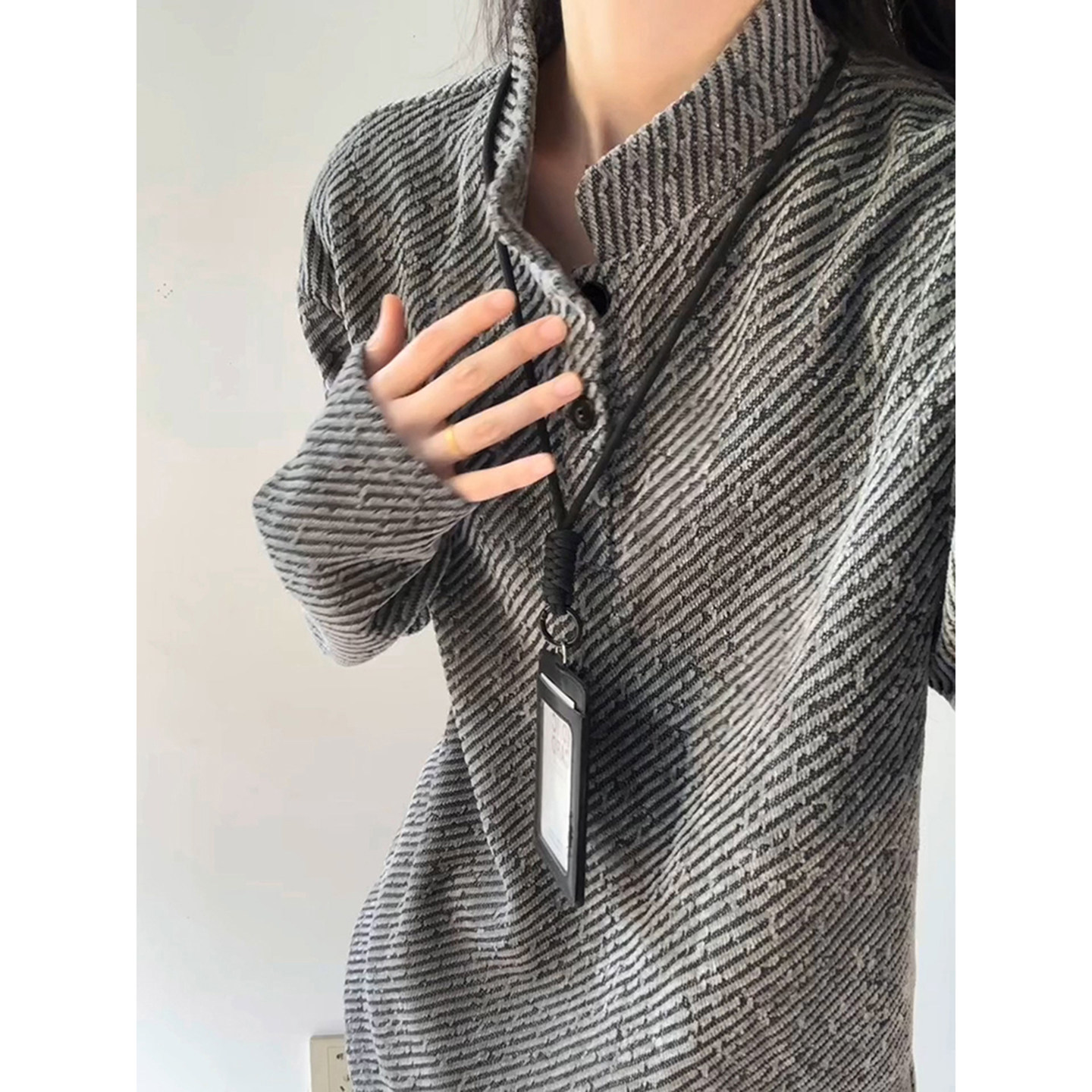 灰色雪尼尔长袖polo衫t恤男青少年亨利领卫衣重磅正肩立领打底衫