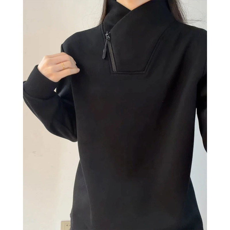 美式斜拉链卫衣男款秋冬加绒设计感长袖T恤重磅加厚保暖内搭上衣