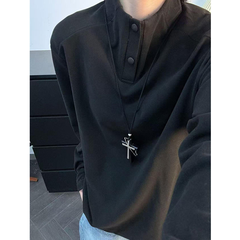 黑色亨利领加绒卫衣男款秋冬季新款美式休闲高级感宽松正肩polo衫