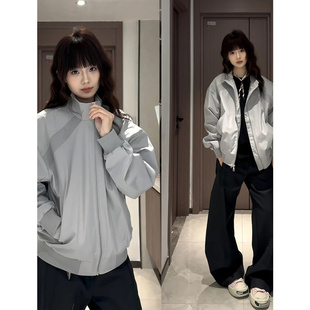 灰色美式立领夹克男女春秋季短款boxy高级感痞帅cleanfit飞行外套