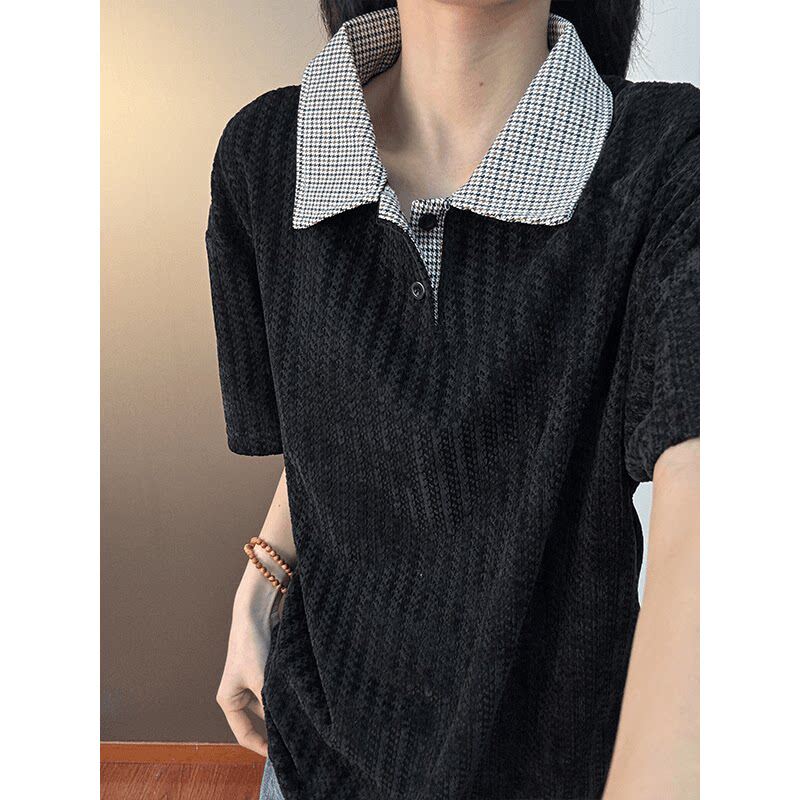 千鸟格短袖Polo衫男款夏季美式复古cleanfit格子翻领t恤重磅半袖