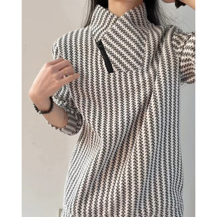 鱼骨纹斜领拉链卫衣男冬季小香风加绒加厚打底衫美式重磅长袖t恤