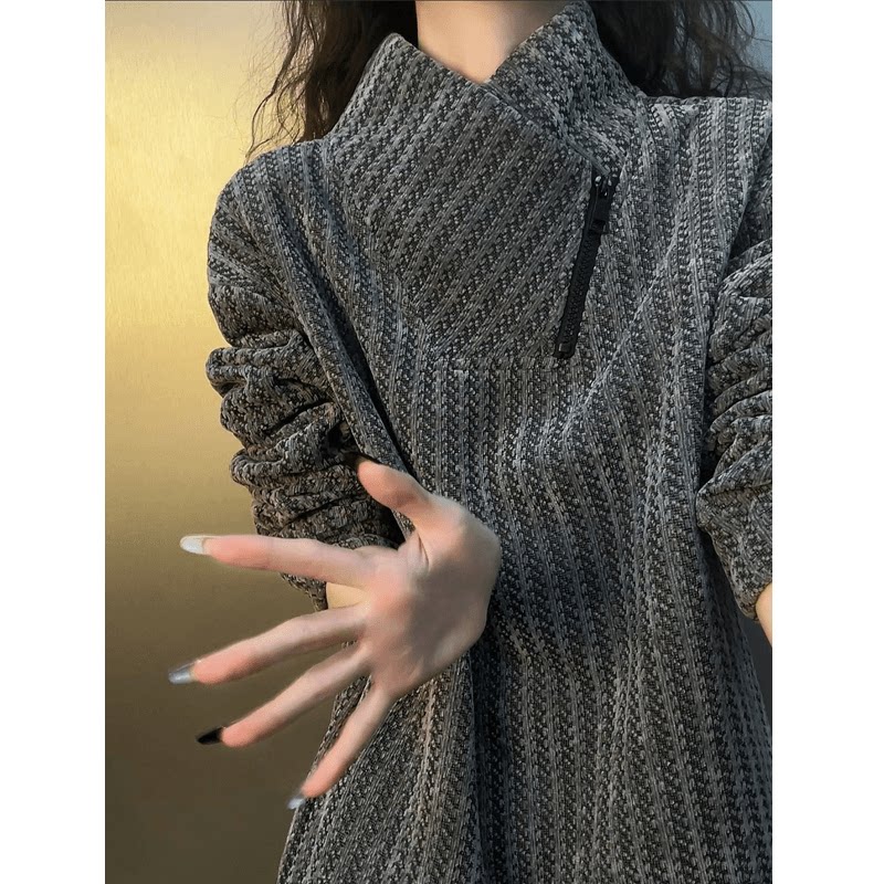 灰色斜拉链加绒卫衣男女款冬季美式重磅雪尼尔长袖t恤内搭打底衫