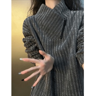 灰色斜拉链加绒卫衣男女款冬季美式重磅雪尼尔长袖t恤内搭打底衫