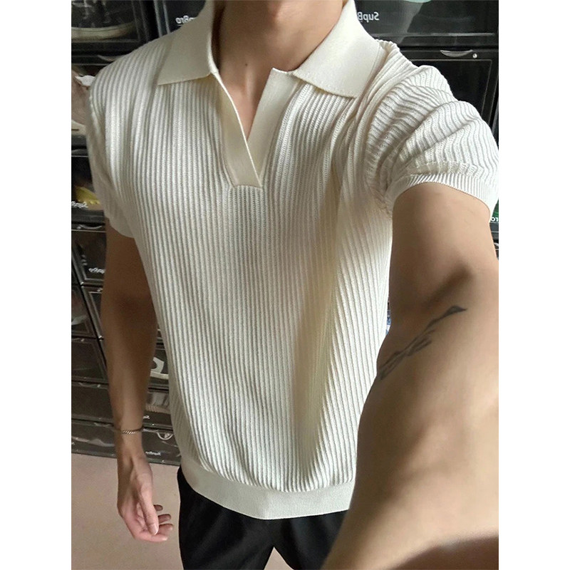 老钱风简约复古海鸥纹身男同款翻领短袖夏季薄款针织衫高级感修身