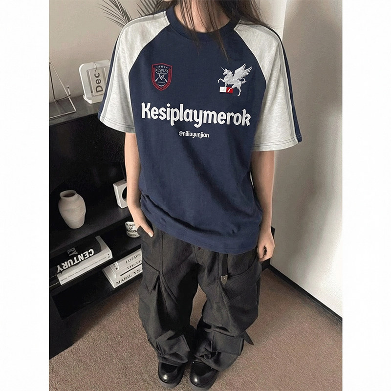 美式撞色印花短袖T恤男青少年学院风运动半袖潮牌球衣风痞帅体恤
