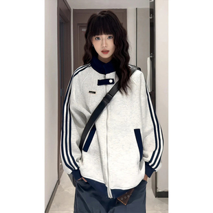 美式条纹卫衣外套男女秋季高街痞帅撞色拼接棒球服学院风立领夹克