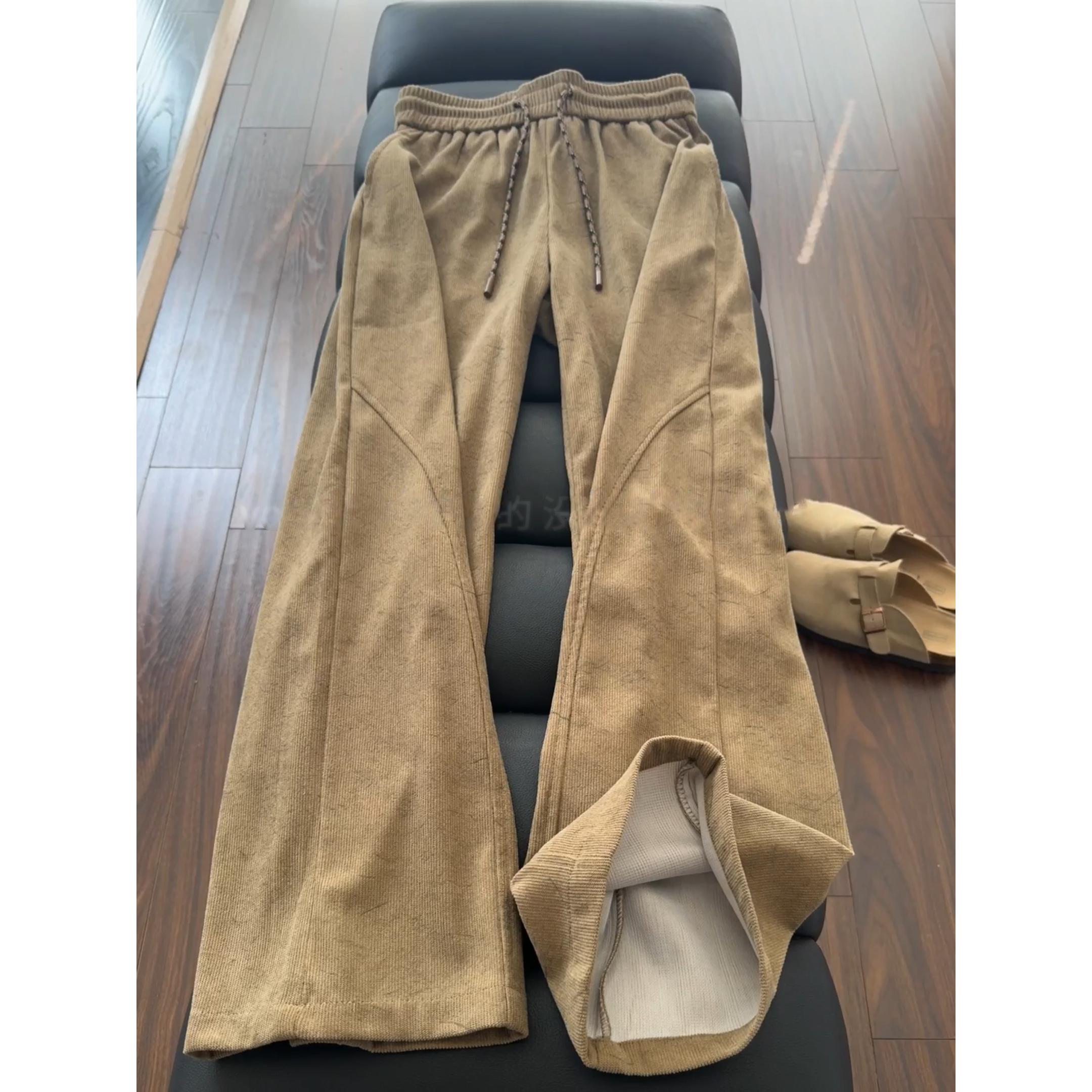 卡其色暗纹斜切弯刀裤子男女款秋季美式复古卫裤垂感运动休闲裤