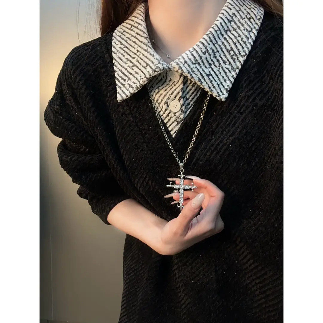 满天星正肩千鸟格翻领polo衫男春季美式重磅卫衣保暖内搭长袖T恤