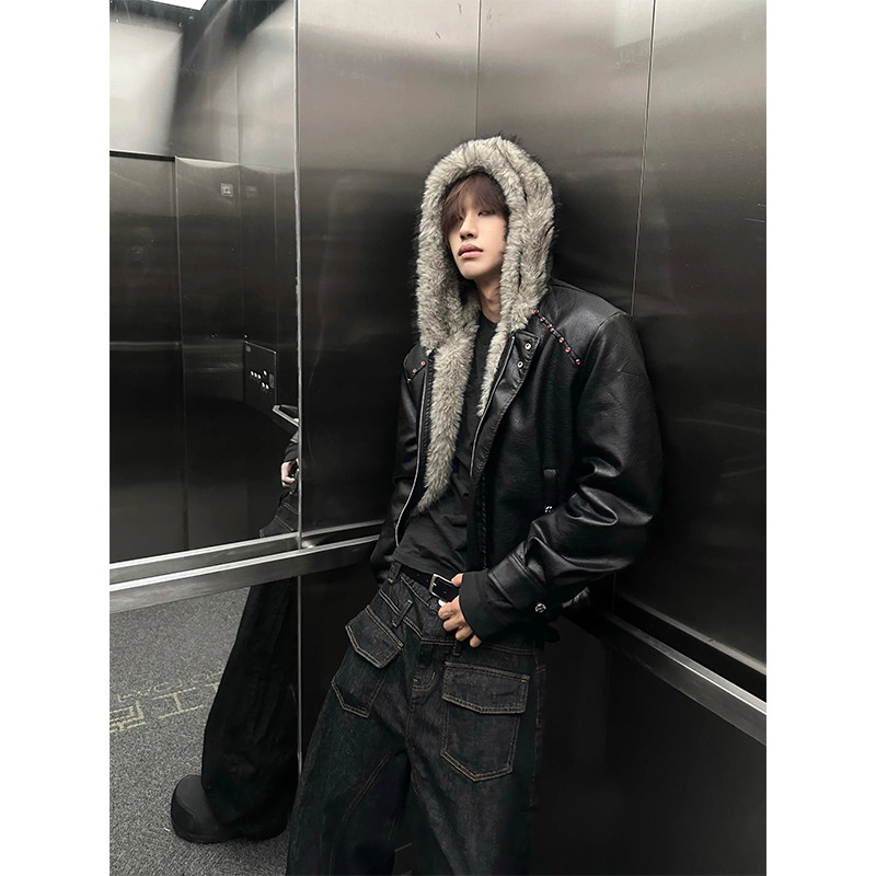 美式毛领连帽座山雕皮衣棉服男女冬季痞帅棉衣夹克高级感铆钉外套