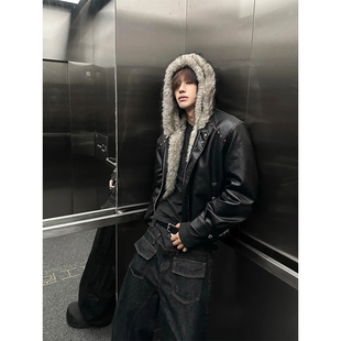 美式毛领连帽座山雕皮衣棉服男女冬季痞帅棉衣夹克高级感铆钉外套