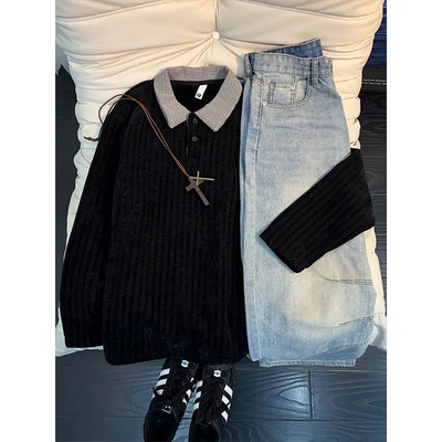 千鸟格鱼骨纹翻领POLO衫男款冬季加绒加厚保暖卫衣美式内搭打底衫