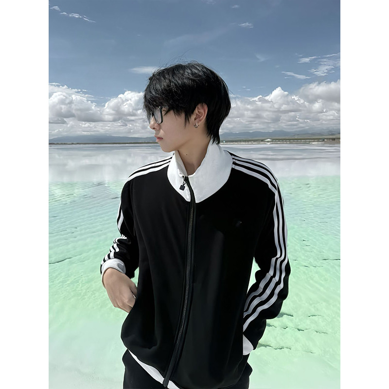 cleanfit黑色运动条纹夹克男女新款秋季三条杠撞色chic棒球服卫衣