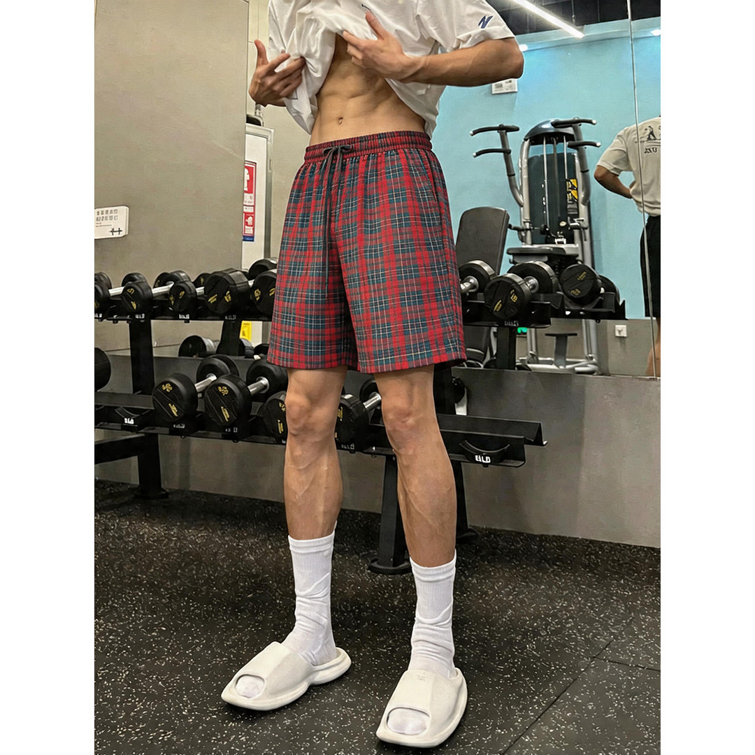 夏季薄款透气格子短裤男款慵懒风情侣裤子高级感运动沙滩五分中裤