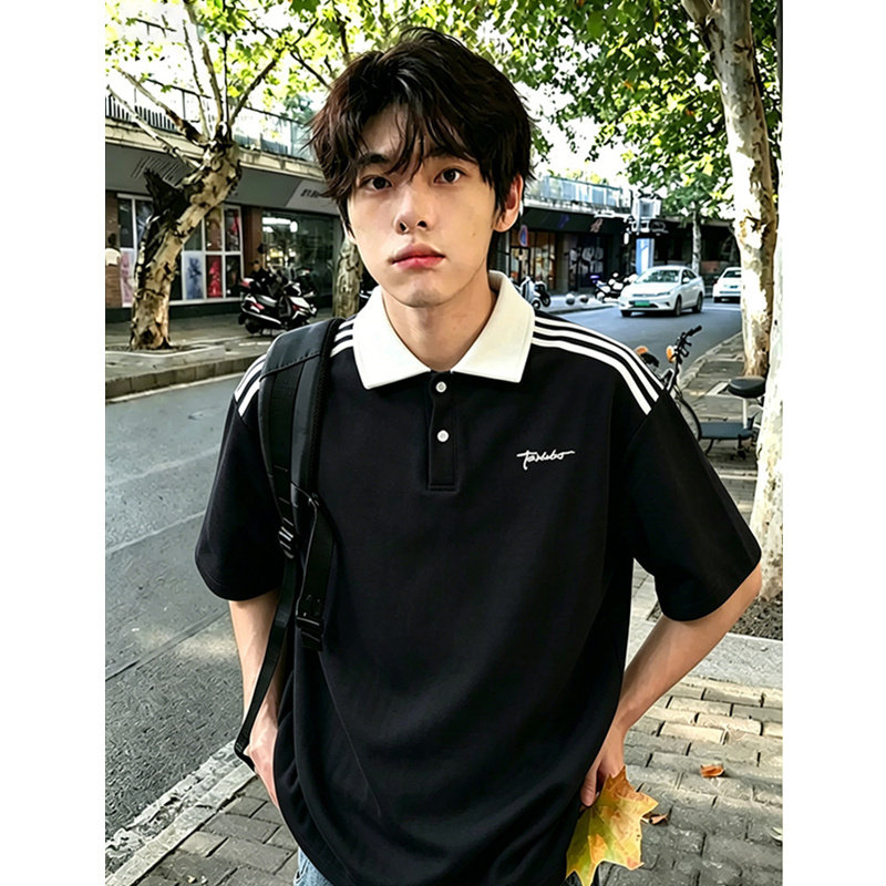 美式条纹撞色POLO衫短袖t恤男生夏季新款宽松学院风潮牌半袖上衣