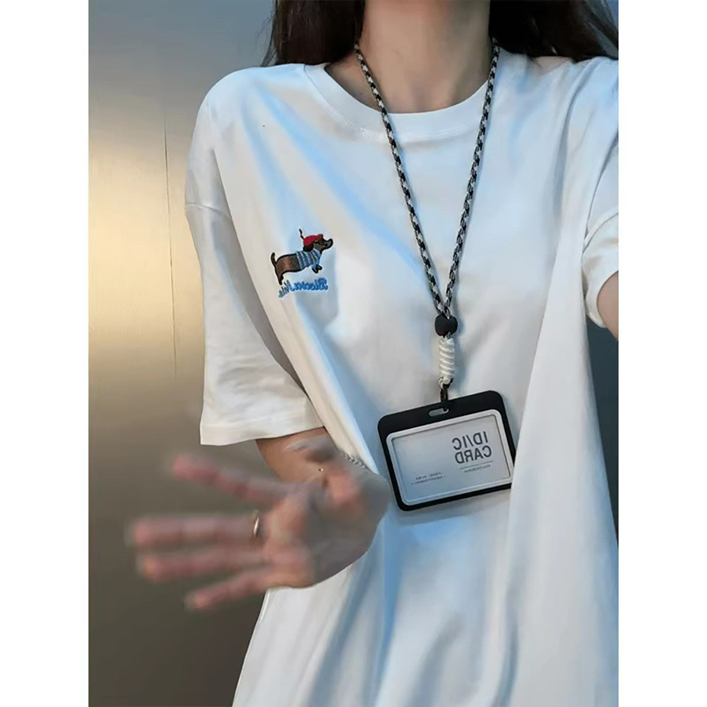 白色腊肠小狗刺绣短袖T恤男夏季美式重磅小领口半袖凉感透气上衣