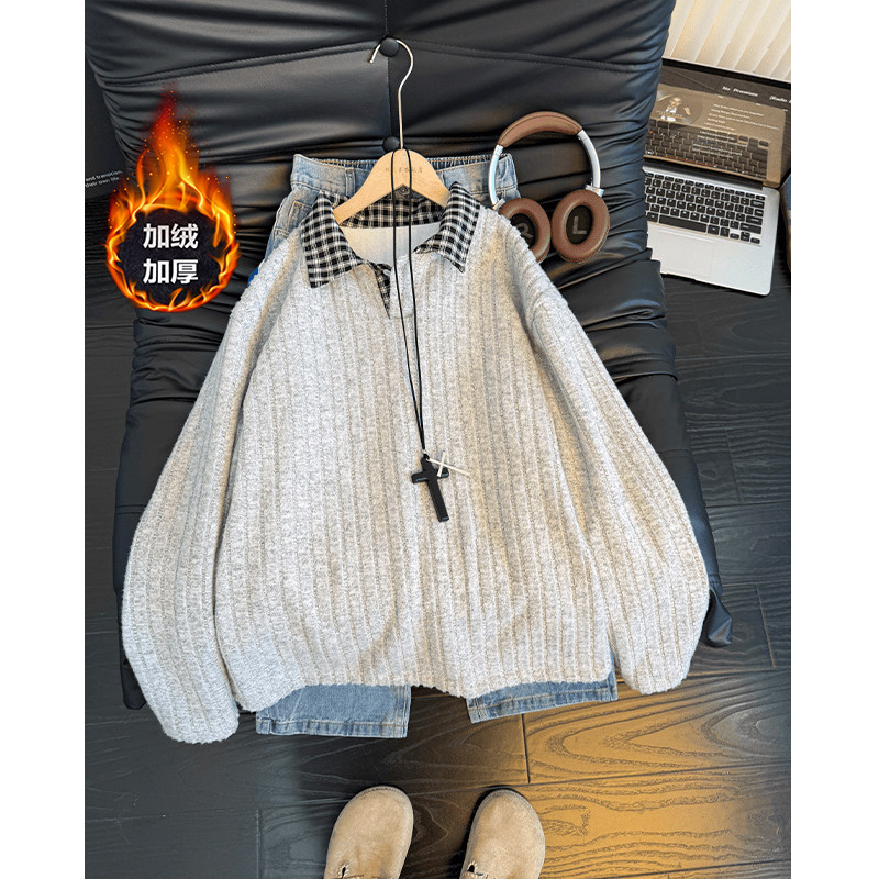 美式假两件拼接POLO衫卫衣男秋冬加绒条纹长袖T恤翻领内搭打底衫